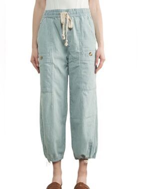 Aaron & Amber Lily Pull-On Cotton Striped Pants w/ Drawstring Trim in S